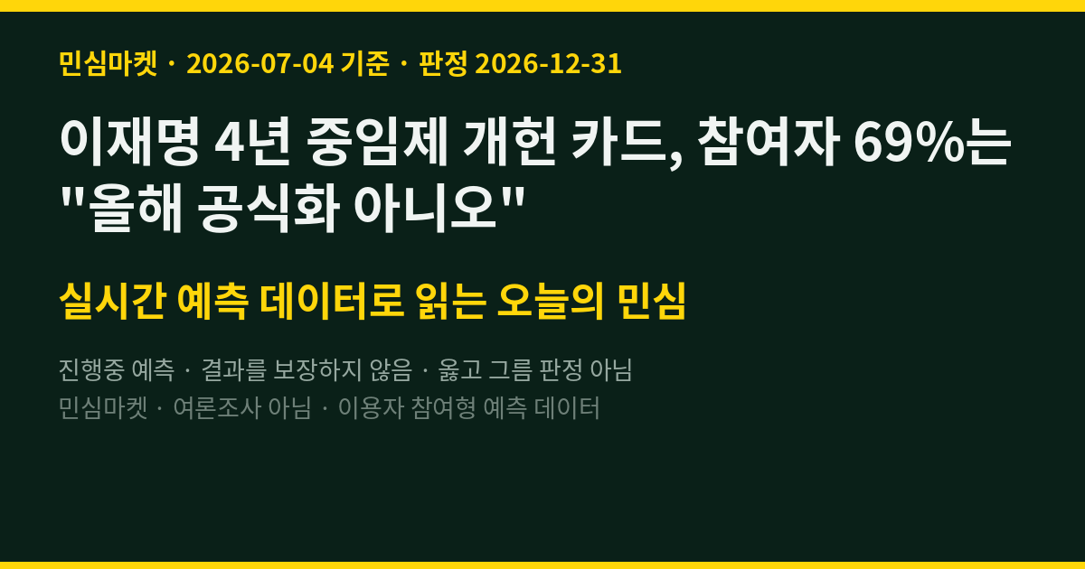 이재명 4년 중임제 개헌 카드, 참여자 69%는 올해 공식화 아니오