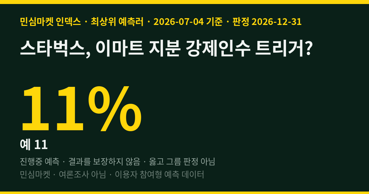 스타벅스, 이마트 지분 강제인수 트리거? 최상위 예측러 89%는 아니오